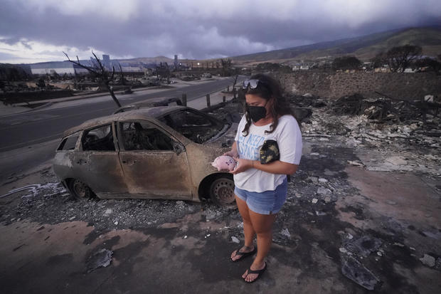Hawaii Fires - woman stands near her burned out home and car 