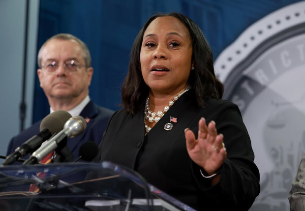 Fulton County District Attorney Fani Willis speaks during a news conference following a grand jury's indictment of former President Donald Trump and 18 allies on Aug. 14, 2023, in Atlanta.