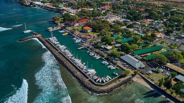 Aerial view of the Historic tourist town of Lahaina,Maui,Hawaii,USA
