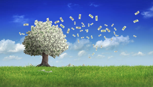 falling dollar bills from money tree 