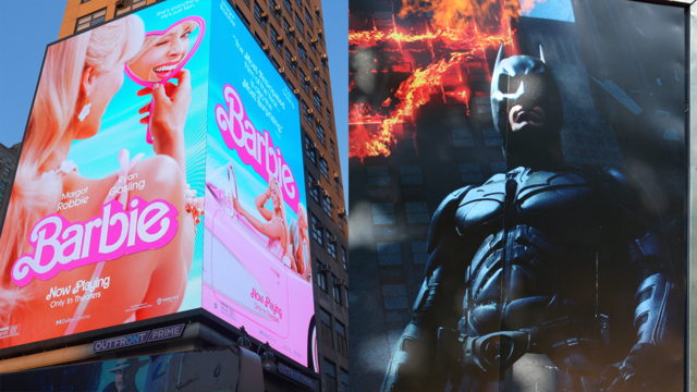 "Barbie" and "The Dark Knight" movie billboards 