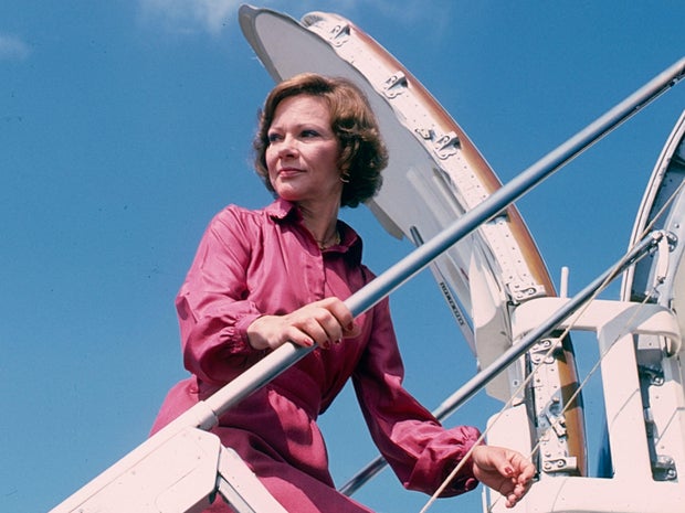 First lady Rosalynn Carter climbs the steps to her plane during a trip to Texas in September 1978.