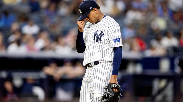 New York Yankees Pitcher Jhony Brito (76) walks off after being pulled during the MLB professional baseball game between the Boston Red Sox and New York Yankees on August 18, 2023 at Yankee Stadium in Bronx, NY. 