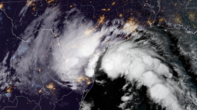 Tropical Storm Harold churns in the Gulf of Mexico in an infrared satellite image at 7:30 a.m. CDT on Aug. 22, 2023. 