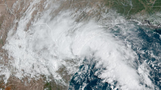 An infrared satellite image shows Tropical Storm Harold hitting Texas at 10:10 a.m. CDT on Aug. 22, 2023. 