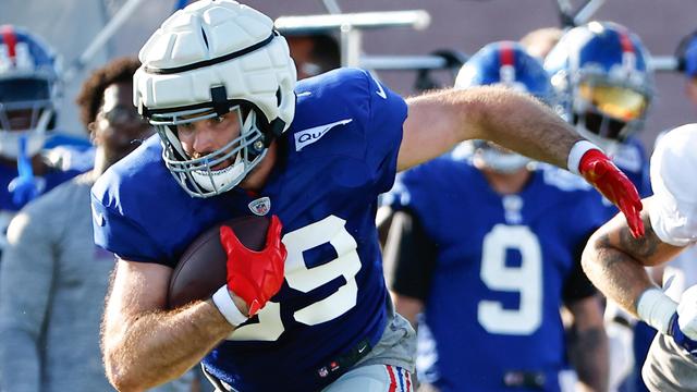 Tommy Sweeney #89 of the New York Giants during training camp at the Quest Diagnostics Training Center on August 1, 2023 in East Rutherford, New Jersey. 
