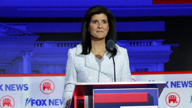 Nikki Haley takes part in the first Republican presidential primary debate at the Fiserv Forum in Milwaukee, Wisconsin, on Aug. 23, 2023. 