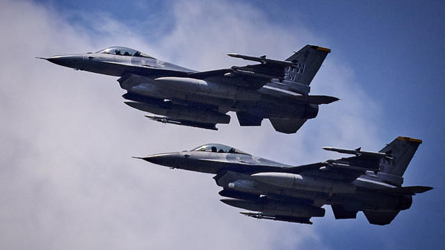 U.S. Air Force F-16 fighter jets fly in formation during U.S.-Philippines joint exercises at Clark Air Base on May 9, 2023, in Mabalacat, Philippines. 
