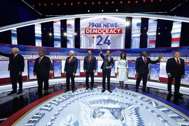 Republican presidential candidates are introduced during the first debate of the GOP primary season hosted by Fox News at the Fiserv Forum on Aug. 23, 2023, in Milwaukee, Wisconsin.