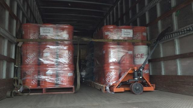 The inside of truck packed with cleaning supplies bound for Florida to help Hurricane Idalia victims 