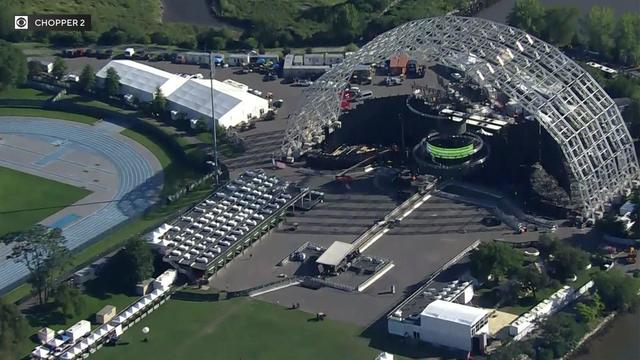 A stage being set up on Randall's Island for the Electric Zoo Festival. 