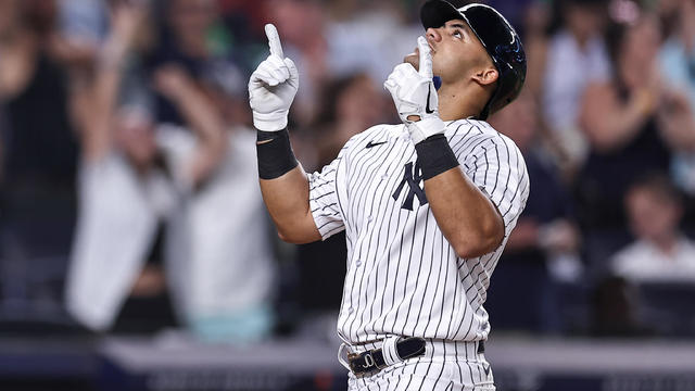 Jasson Domínguez #89 of the New York Yankees reacts after hitting a home run during the third inning of the game against the Detroit Tigers at Yankee Stadium on September 6, 2023 in New York City. 