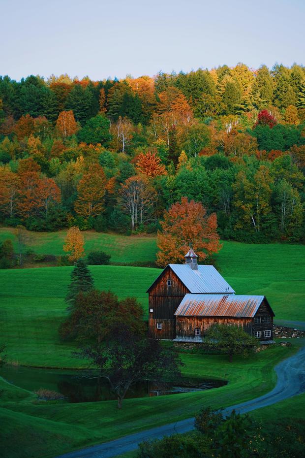 Vertical shot of Sleepy Hollow farm in a green field against the background of autumn trees 