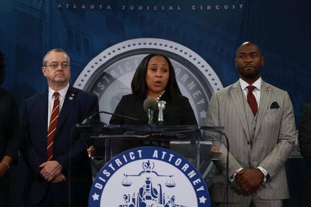 Fulton County District Attorney Fani Willis speaks during a news conference on indictment In 2020 Election Case
