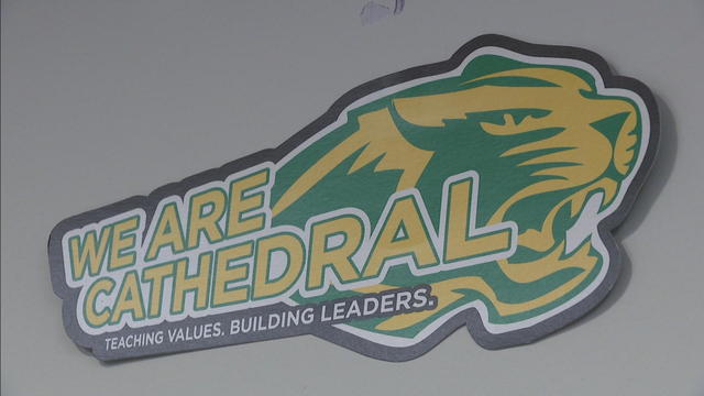 Cathedral High School and panther mascot sign 