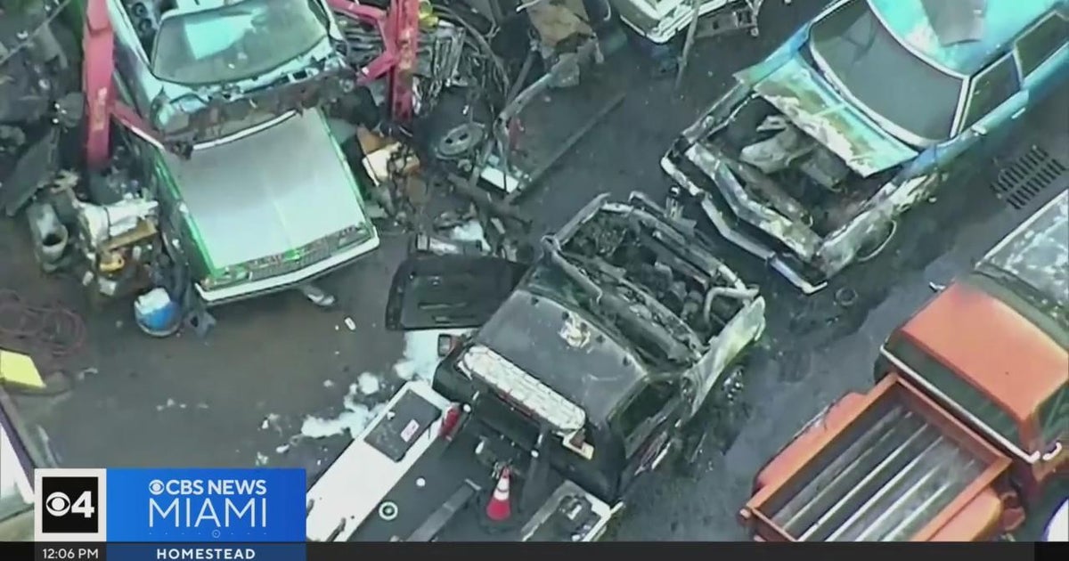 Motor vehicles charred by hearth at Miami mechanics store Motor vehicles charred by hearth at Miami mechanics store