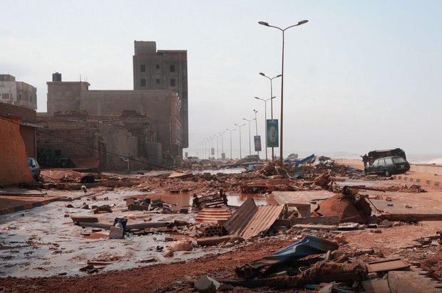 A view of devastation in disaster zones after the floods caused by Storm Daniel ravaged the region, on September 11, 2023, in Derna, Libya.