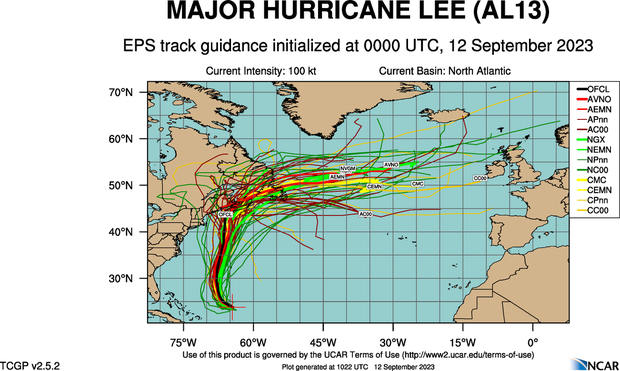 A spaghetti model showing the potential paths of Hurricane Lee 