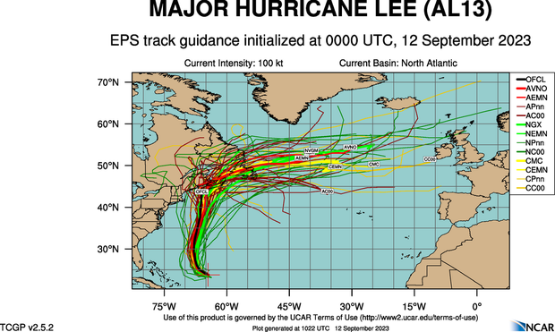 A spaghetti model showing the potential paths of Hurricane Lee