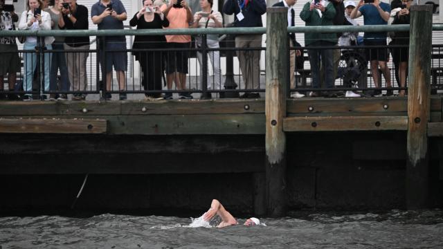 Lewis Pugh arrives at the finish of his 315-Mile Hudson River swim in New York on September 13, 2023. 