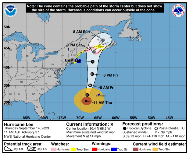 A map from the National Hurricane Center shows the probable path of Hurricane Lee as of 11 a.m. EDT on Sept. 14, 2023. 