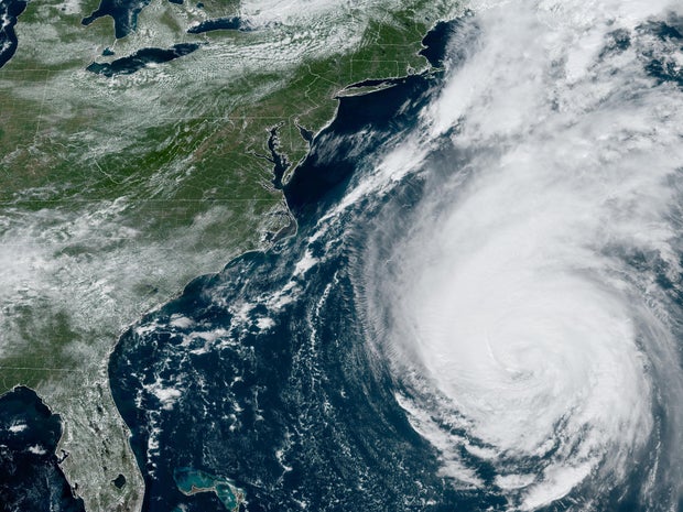 A satellite image shows Hurricane Lee churning in the Atlantic Ocean at 12:26 p.m. EDT on Sept. 14, 2023.