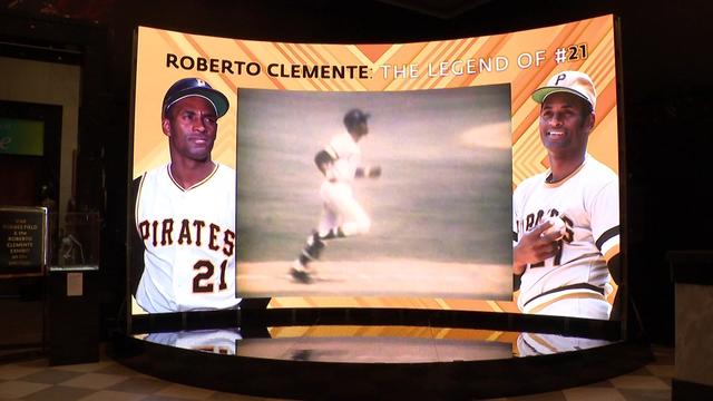 A display for the Paley Center exhibit "Roberto Clemente: The Legend of #21." 