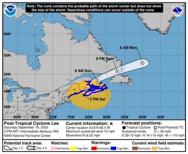 A map from the National Hurricane Center shows the probable path for the center of Post-Tropical Cyclone Lee as of 2 p.m. EDT on Sept. 16, 2023. 