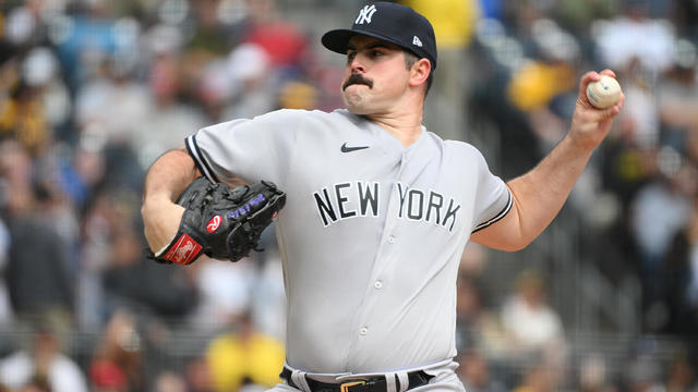 Carlos Rodon #55 of the New York Yankees delivers a pitch in the first inning during the game against the Pittsburgh Pirates at PNC Park on September 17, 2023 in Pittsburgh, Pennsylvania. 