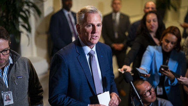 House Speaker Kevin McCarthy speaks to members of the media following a House caucus meeting at the Capitol on Tuesday, Sept. 19, 2023. 