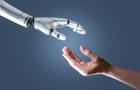 Artificial intelligence robot hand and human hand 