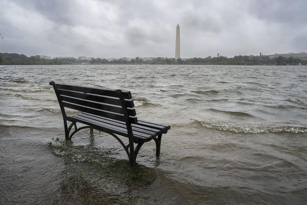 The Tidal Basin in Washington overflows the banks with the rain from Tropical Storm Ophelia on Saturday, Sept. 23, 2023. 