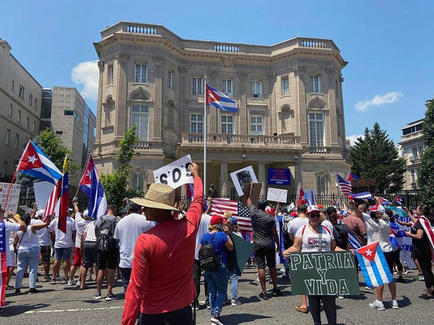 A group of Cubans from Miami protest in front of the Cuban Embassy in Washington, D.C., on Saturday, July 17, 2021.