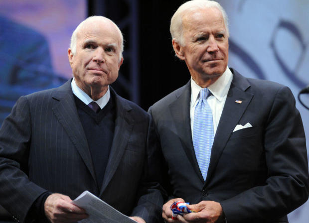 Sen. John McCain receives the the 2017 Liberty Medal from former Vice President Joe Biden at the National Constitution Center on Oct. 16, 2017, in Philadelphia. 