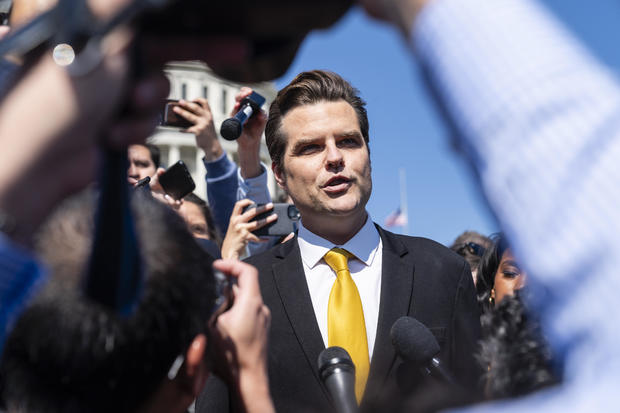 Rep. Matt Gaetz, a Republican from Florida, speaks to members of the media outside the U.S. Capitol on Oct. 2, 2023.  
