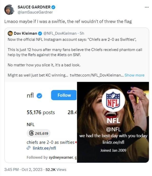 Jets' Sauce Gardner Ignites Even More Controversy With Taylor Swift Post  Directed at Referees