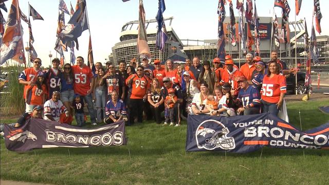 A Denver Broncos Christmas tree is set up as fans tailgate prior