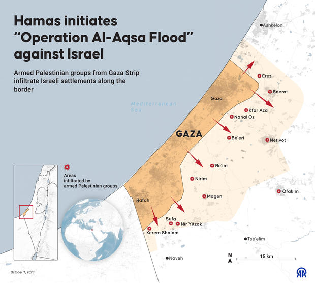 Map shows some of the locations of Hamas' attacks in Israel 