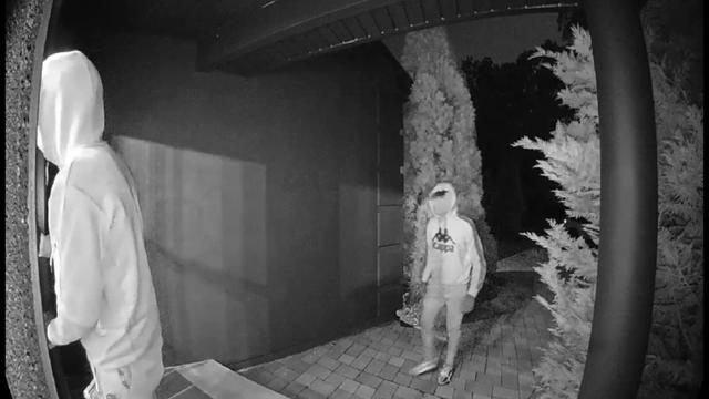 Home surveillance footage shows two alleged home invaders standing outside a home. 