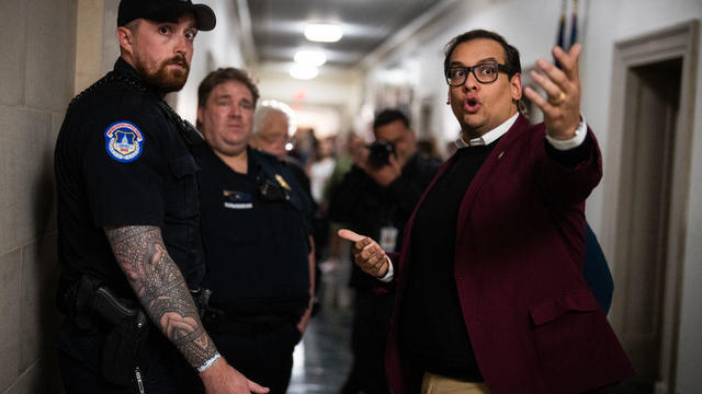 Rep. George Santos, R-N.Y., complains to Capitol Police about being confronted by an anti-Israel protester outside a House Republican Conference speaker election meeting in Longworth Building on Friday, October 13, 2023. 
