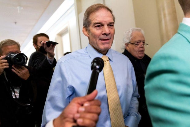 Rep. Jim Jordan speaks to reporters as he arrives for a House Republican Conference meeting at the Longworth House Office Building on Capitol Hill on Oct. 13, 2023.