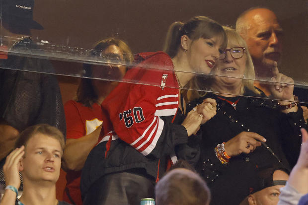 Taylor Swift and Donna Kelce look on before the game between the Kansas City Chiefs and the Denver Broncos at GEHA Field at Arrowhead Stadium on October 12, 2023, in Kansas City, Missouri. 