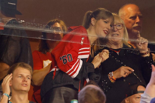 Taylor Swift and Donna Kelce look on before the game between the Kansas City Chiefs and the Denver Broncos at GEHA Field at Arrowhead Stadium on October 12, 2023, in Kansas City, Missouri.