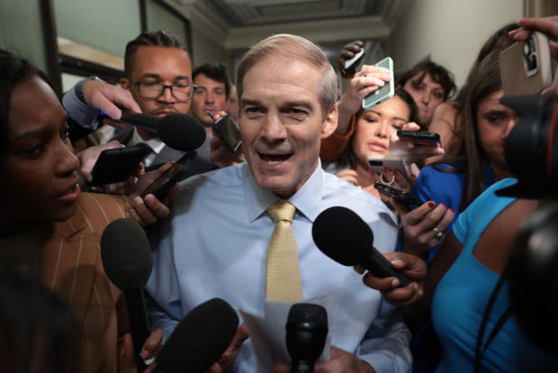 Rep. Jim Jordan speaks to reporters as House Republicans hold a caucus meeting on Capitol Hill on Oct. 13, 2023. 