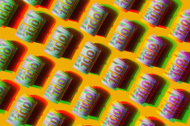 Pattern Repeated American Dollars Banknotes in Glitch Double Exposure on the Yellow Background 