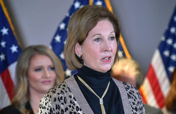 A Nov. 19, 2020, photo shows Sidney Powell speaking during a press conference at the Republican National Committee headquarters in Washington, D.C.