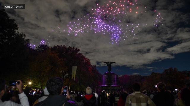 Purple and pink lighted drones fly above Central Park. 