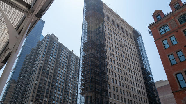 Scaffolding covers the Flatiron Building at 175 Fifth Avenue in Manhattan on June 01, 2023 in New York City. 