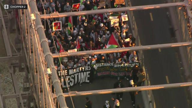 Hundreds of demonstrators march across the Brooklyn Bridge. 