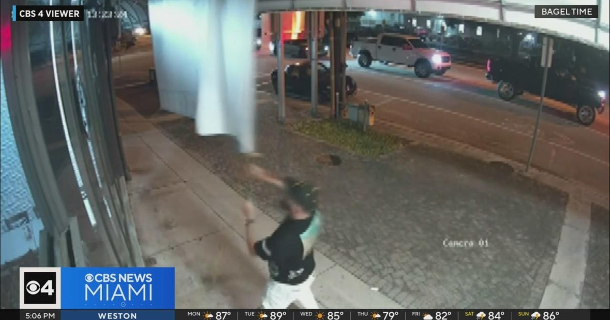 Man Caught On Camera Vandalizing Bagel Shop Banner Cbs Miami